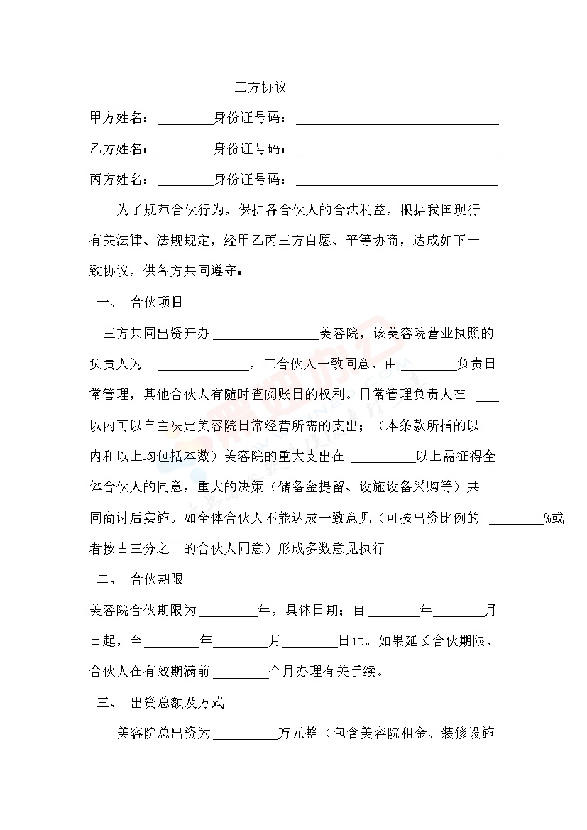 美容院合伙股份协议合同书