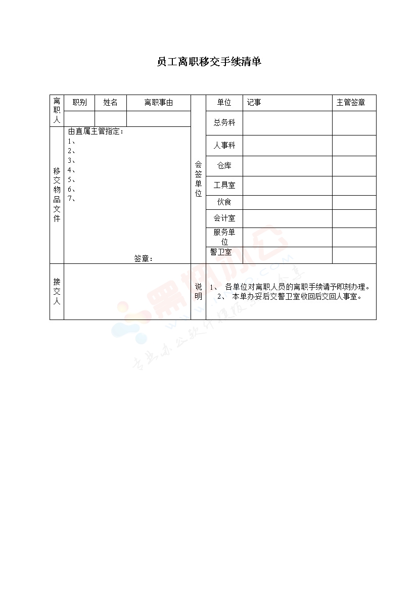 员工离职移交手续清单