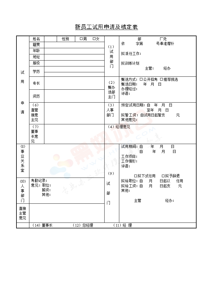 新员工试用申请核定表模板