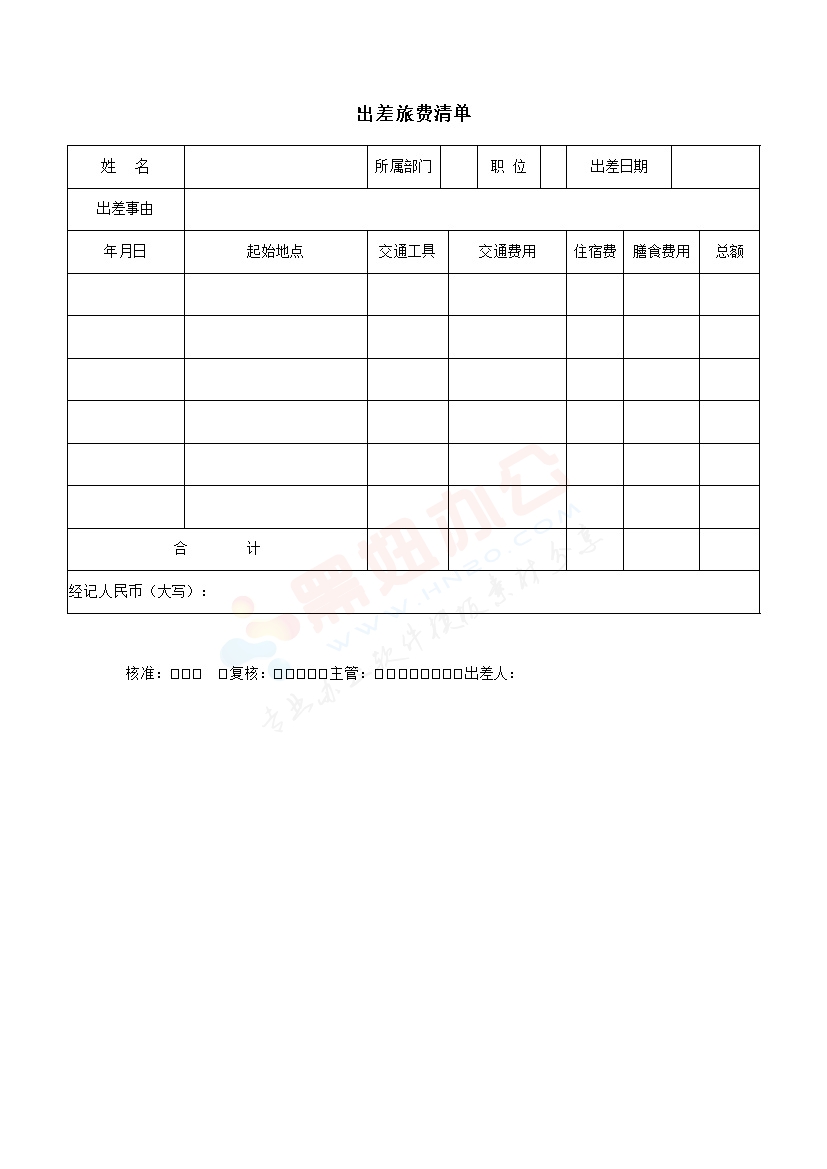 出差旅费清单模板