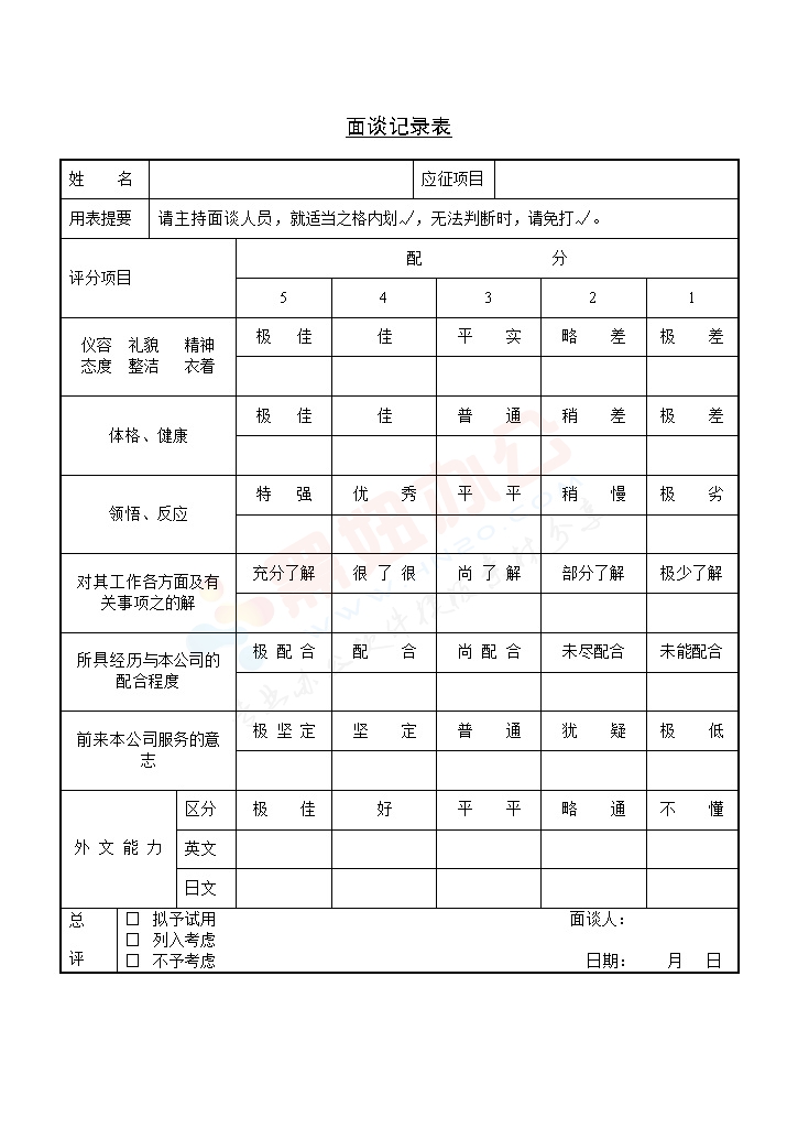 面谈记录表模板