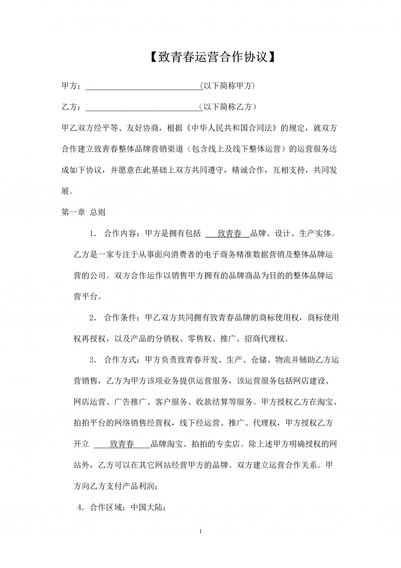 电子商务运营合作协议合同范文