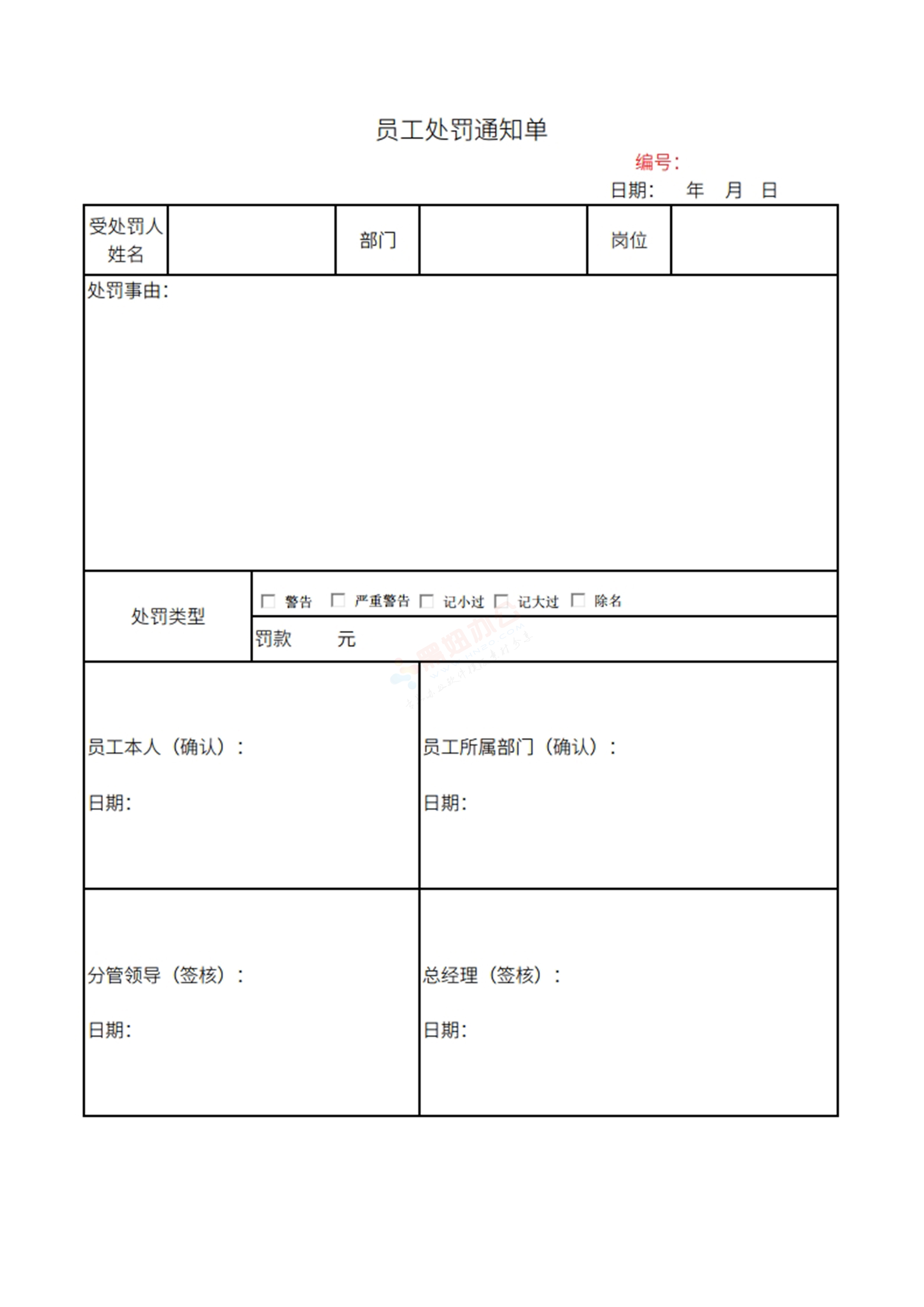 企业公司员工处罚通知单